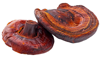 Ganoderma lucidum mushrooms placed on a white background.