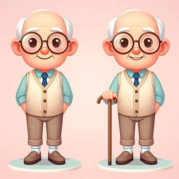 Cute Full-Body Cartoon Old Man with Glasses and Walking Stick on White Base

