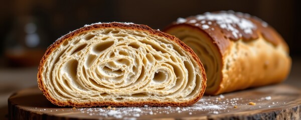 Fototapeta premium cross section of sourdough bread showing natural probiotics inside crumb, warm bakery scene with rustic wooden table background.