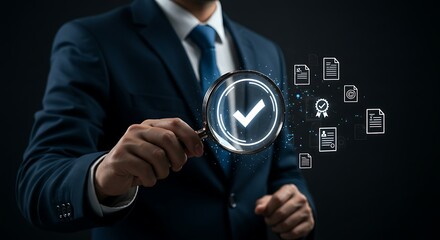 Man in suit holds magnifying glass over a checkmark, surrounded by document icons.