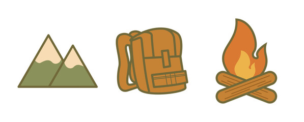 Adventure Icons with Mountain Peaks, Brown Backpack, Campfire - Hiking and Outdoor Vector