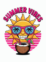 Summer Vibes Sunny Fun, Tropical Coconut Drink, Beach Sunset Illustration