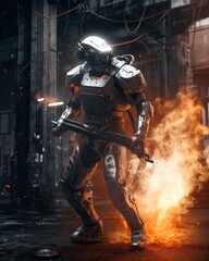 Cyborg soldier with urban fire, and dystopia.