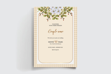 WEDDING INVITATION FRAME WITH FLOWER DECORATIONS AND FRESH LEAVES