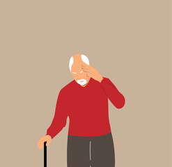 Old Man with Alzheimer Disease Thinking Hard. People, health care and medicine, aging process vector art