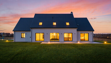 Modern Suburban Home at Twilight: Warmly Lit Interior, Expansive Lawn, Serene Sunset Sky.