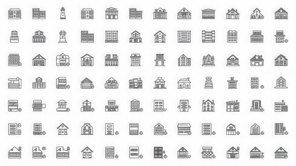 Extensive line icon set of various building and house types, including apartments, offices, shops, schools, hospitals, government buildings, and residential homes, perfect for maps