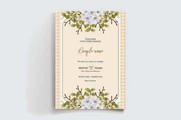 WEDDING INVITATION FRAME WITH FLOWER DECORATIONS AND FRESH LEAVES