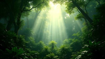 Obraz premium Sunlight streaming through a dense green forest area