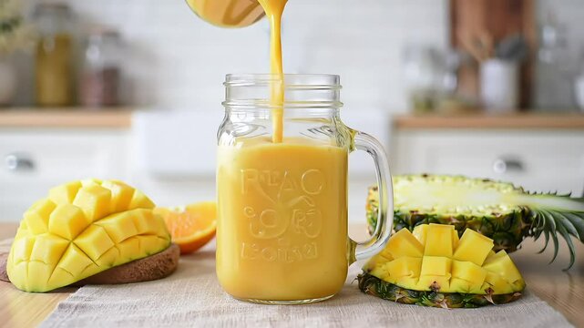 Slow Motion Pouring Tropical Sunshine Smoothie into Tall Glass