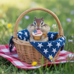 Two chipmunks in patriotic basket