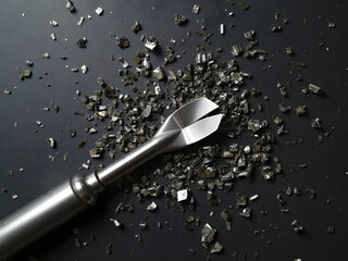 Closeup of metal drill with shattered glass representing industrial strength power and destructive capability in high torque environments