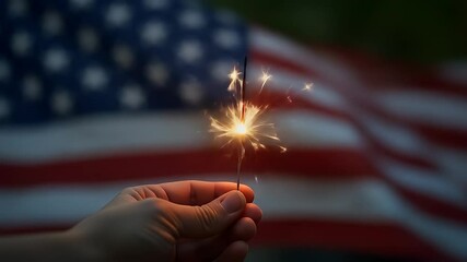 Hand Holding Sparkler Firework with Blurred American Flag in Background