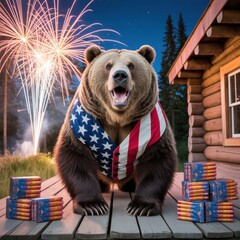 Festive bear standing with fireworks near cabin