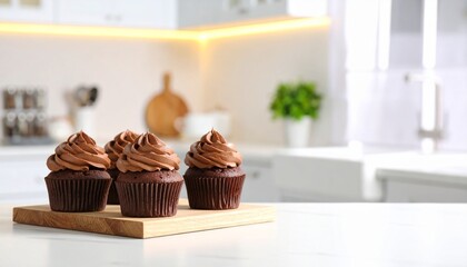 Chocolate cupcakes on a table in the modern kitchen