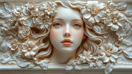 Ornate bas-relief sculpture of a young woman's head, adorned with floral details.