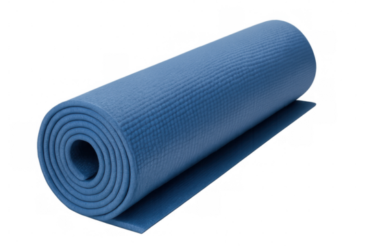 Rolled blue yoga mat signaling mindfulness, wellness practices against clean background