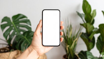 Phone mockup with blank white screen held by hand in neutral indoor space