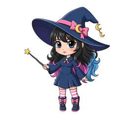 Adorable young girl witch holding a magic star wand and wearing midnight moon blue dress with striped socks and boots - isolated white background cartoon illustration