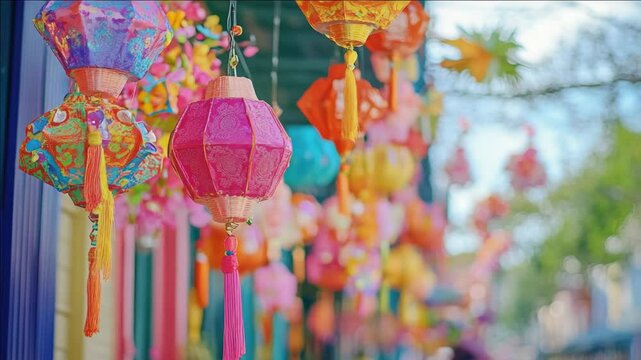 Colorful lanterns hanging for a festival or celebration with traditional Chinese symbols.