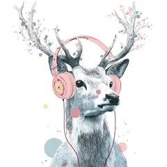 Gordijnen Stylized deer wearing headphones with colorful abstract elements. © Naruemon