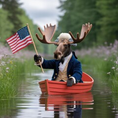 Moose in blue jacket paddling on calm lake