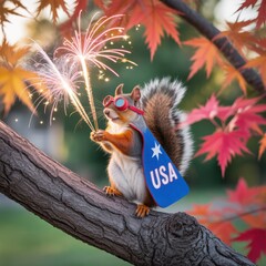 Squirrel on autumn branch holding sparklers