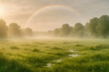 Naklejka premium Misty Meadow Sunrise with Rainbow A Breathtaking Nature Scene