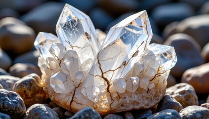 digital painting of quartz crystal cluster with natural fractures, sunlight filtering through clear facets, surrounded by stones.