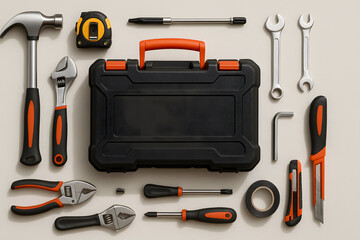 Toolbox with scattered hand tools on wood surface expressing construction preparation and mechanical readiness
