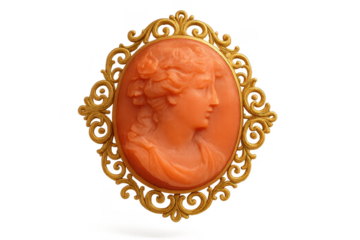 Antique cameo brooch isolated on transparent background, golden frame and coral
