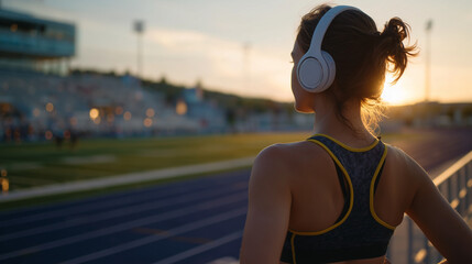 Athletic female with headphones standing on an outdoor stadium track at dusk, golden hour lighting enhancing the contours of her silhouette, vast empty space on the left for motiva