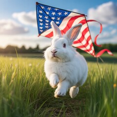 Bunny Running with American Flag