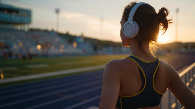 Athletic female with headphones standing on an outdoor stadium track at dusk, golden hour lighting enhancing the contours of her silhouette, vast empty space on the left for motiva