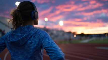 Female sprinter with headphones ready to start training, silhouetted by vibrant sunset over outdoor stadium track, wide empty space on left for promotional text or motivational quo