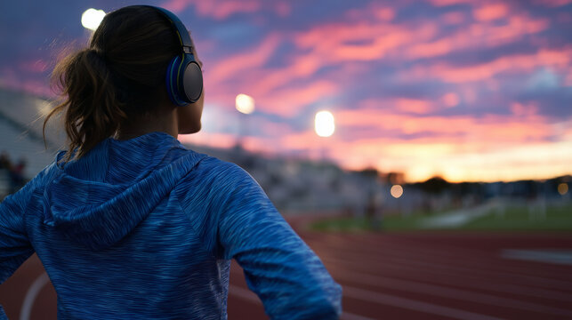 Female sprinter with headphones ready to start training, silhouetted by vibrant sunset over outdoor stadium track, wide empty space on left for promotional text or motivational quo - Powered by Adobe