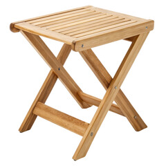 Folding wooden side table with slatted surface and crossed legs.