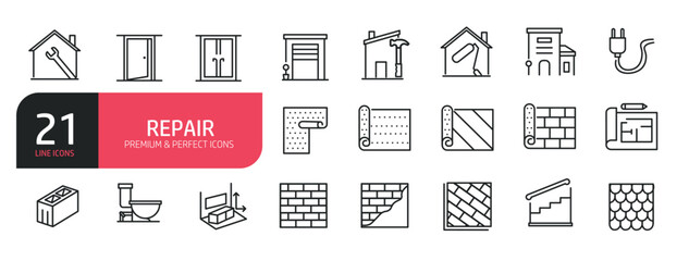 Set of line icons related to home repair, house painting, door, garage. Outline icons collection. Editable stroke. Vector illustration.
