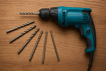 Blue electric drill and arranged bits on brown wood expressing precision preparation in construction tasks