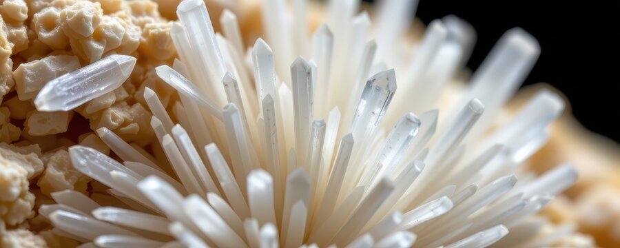 close up macro image of aragonite mineral forming delicate needle like crystals with translucent white color.