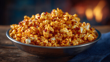 Stainless steel bowl brimming with seasoned popcorn coated in bright turmeric and chili flakes, cinematic close-up capturing texture details and rich vibrant seasoning colors again