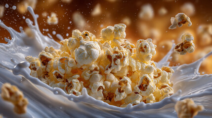 Crispy golden popcorn bursting through a splash of thick creamy milk, droplets flying in mid-air, dynamic frozen motion with bright highlights capturing the joyous snack moment
