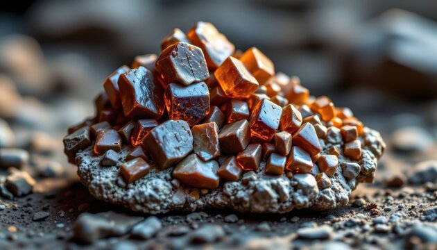 artistic digital painting of raw siderite mineral with rhombohedral brown crystals glowing softly on earthy matrix.