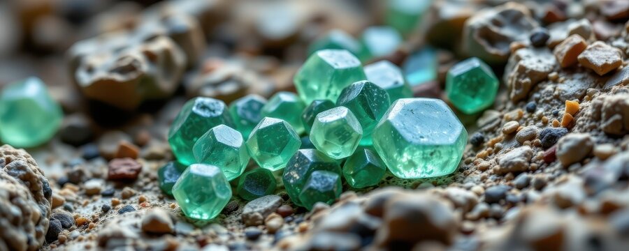 macro image of fluorapatite mineral with green hexagonal crystals shining under soft light in granite rock.