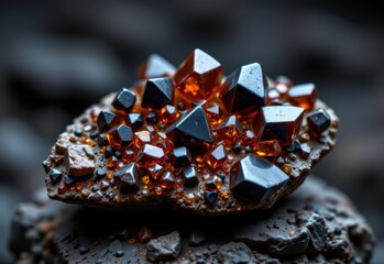 digital art of raw cassiterite mineral with black to brown prismatic crystals, glowing subtly on igneous rock.