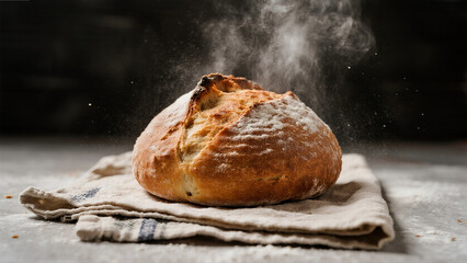 Rustic sourdough bread cooling on a linen cloth with flour still in the air