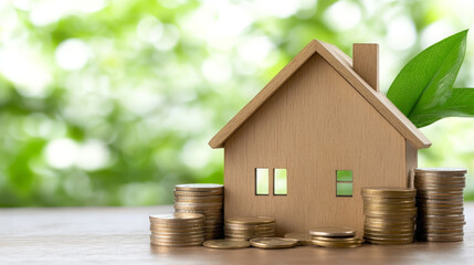 Wooden house model, coin stack, green leaf, saving, investment, finance, eco friendly