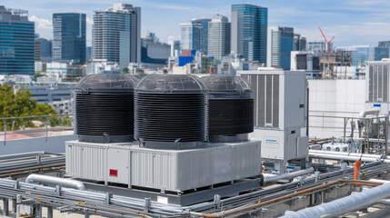 Fototapeta premium Industrial electric motors connected to a cooling tower system on a rooftop, surrounded by large ventilation fans and metal piping, emphasizing modern energy-efficient air conditio