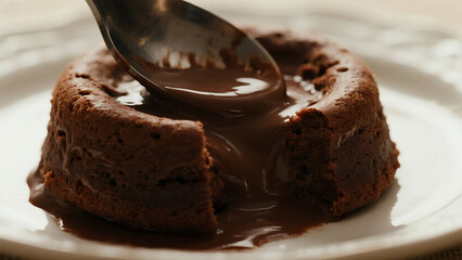 Close-up of dessert spoon slicing through molten chocolate lava cake