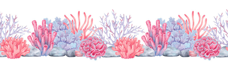 Seamless coral reef border. Colorful sea corals, seaweed with stones. Watercolor and marker illustrations. Hand drawn isolated art. Underwater seabed animal for kids room, shower, guidebook, banner